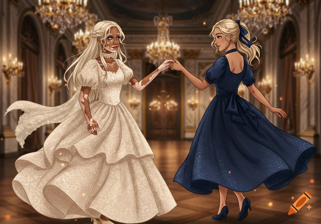 An ethereal drawing of two young women in elaborate dresses dancing in a grand ballroom.