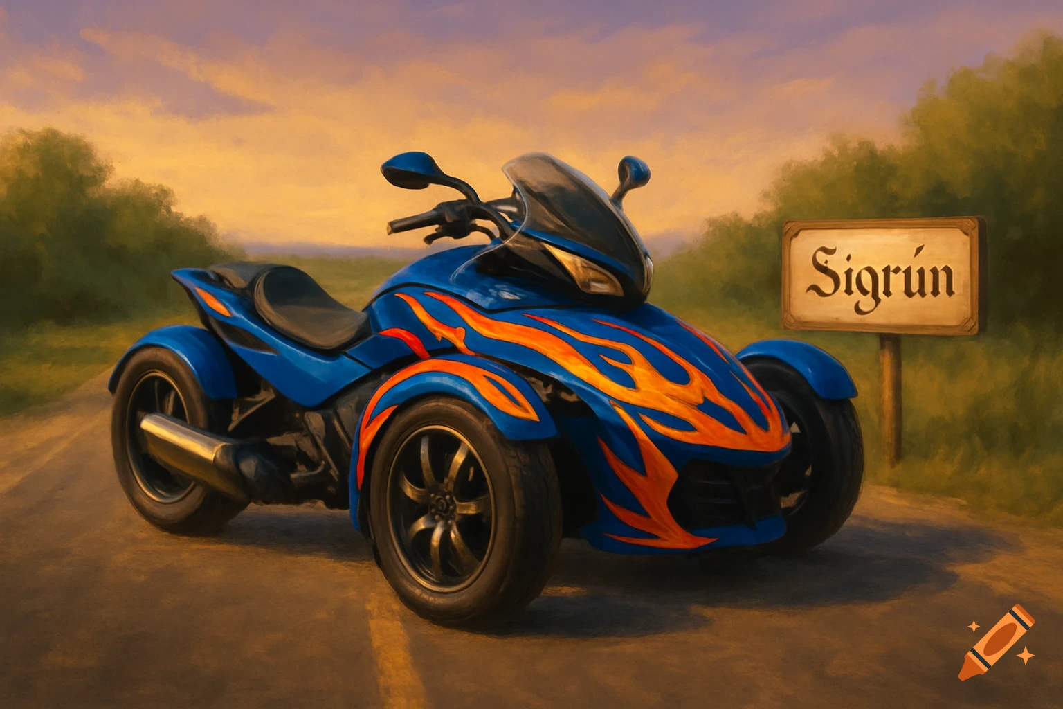 A blue 3-wheel motorcycle with flame decals parked on a road next to a wooden sign reading 'Sigrún', in a painterly style.