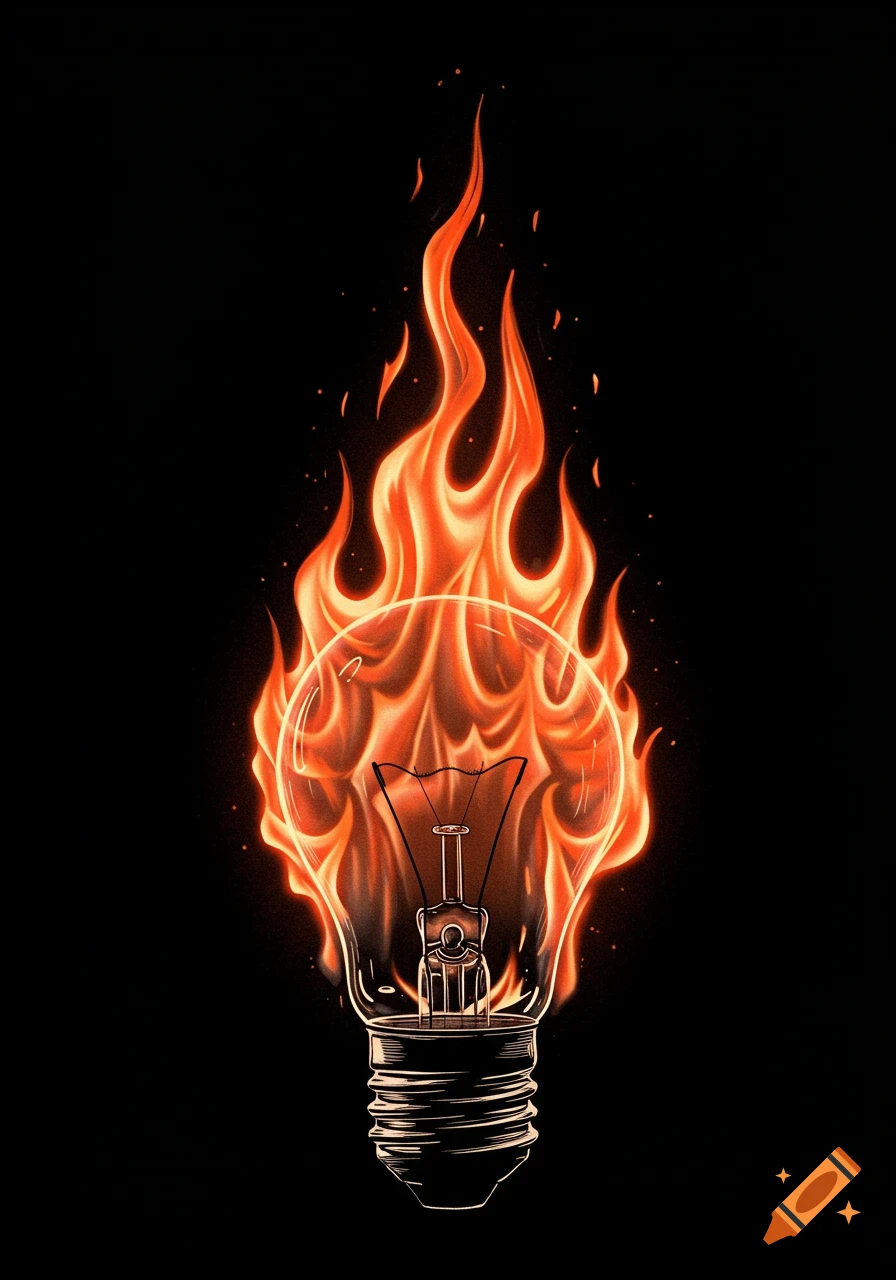 A simple, clean drawing of a lightbulb engulfed in orange and red flames against a black background.