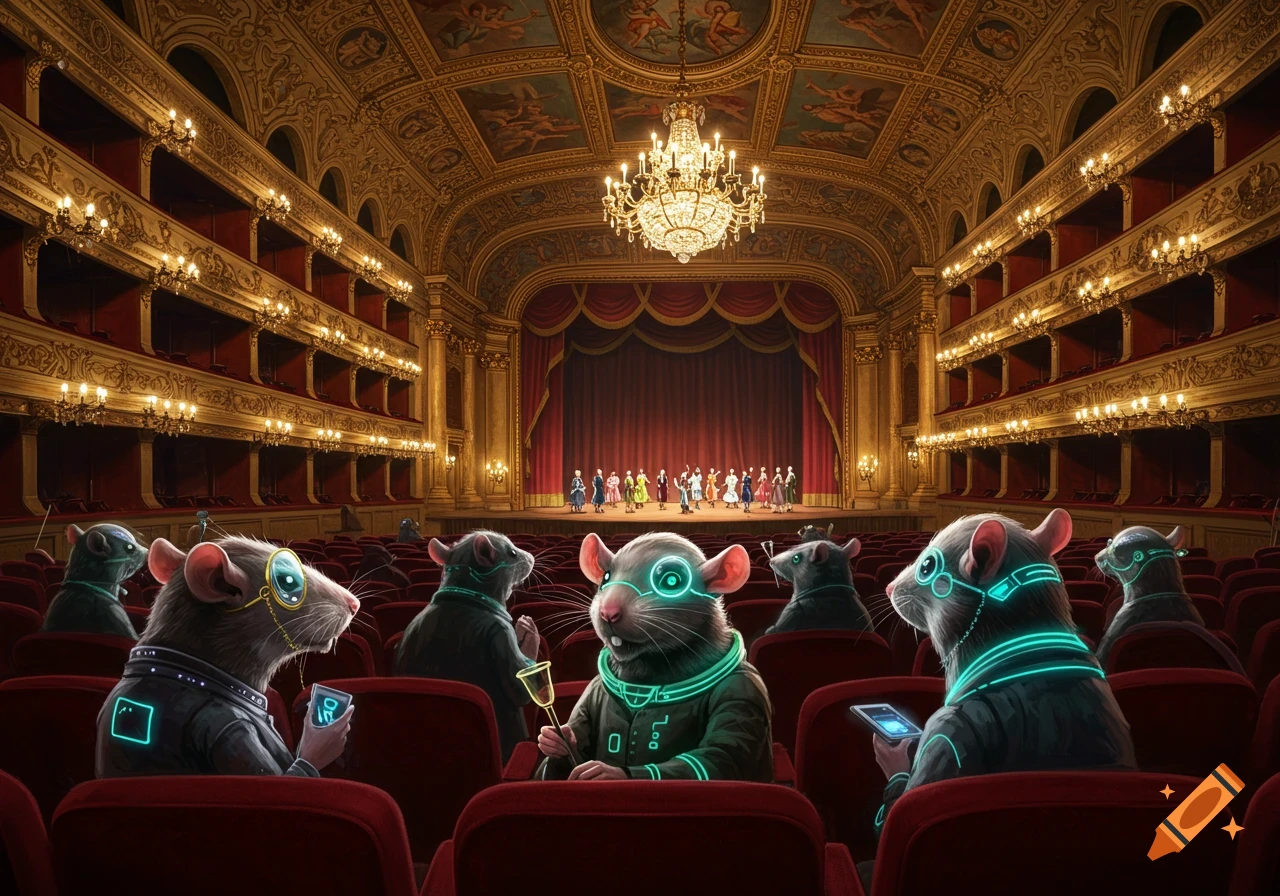 Space rats with glowing cybernetic implants sit in the audience of a grand, ornate 18th-century opera house, watching a performance on stage.