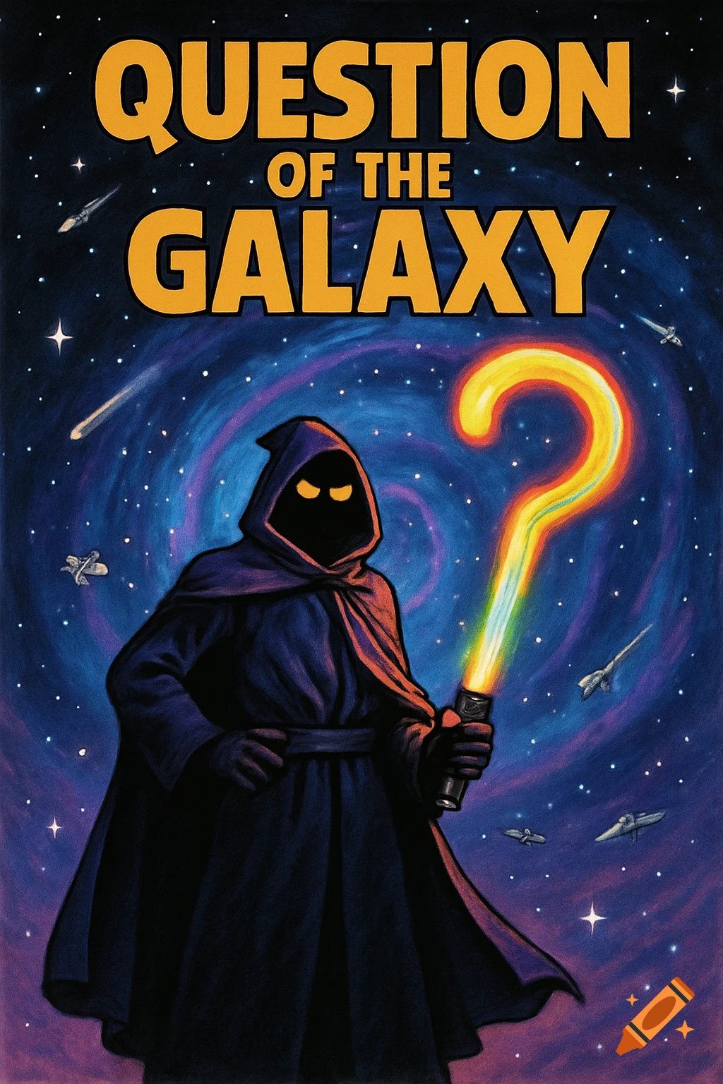 A cloaked figure with a glowing question mark lightsaber stands against a cosmic vortex. The title 'Question of the Galaxy' is above.