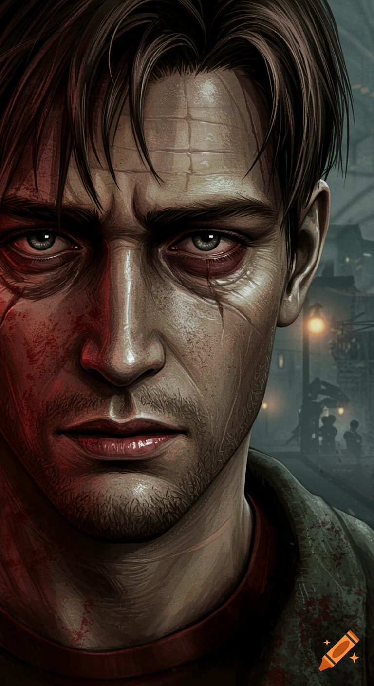 Close-up portrait illustration of a distressed man with dark hair, scars, and blood on his face, in a gritty art style.