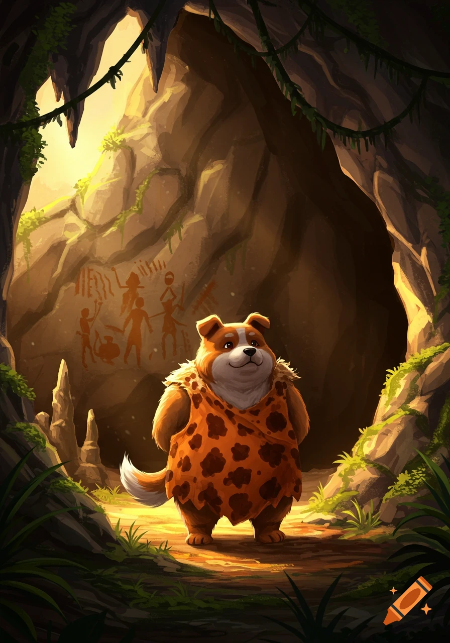A cartoon dog dressed in a leopard print caveman outfit stands in a sunlit cave with ancient cave paintings on the wall.