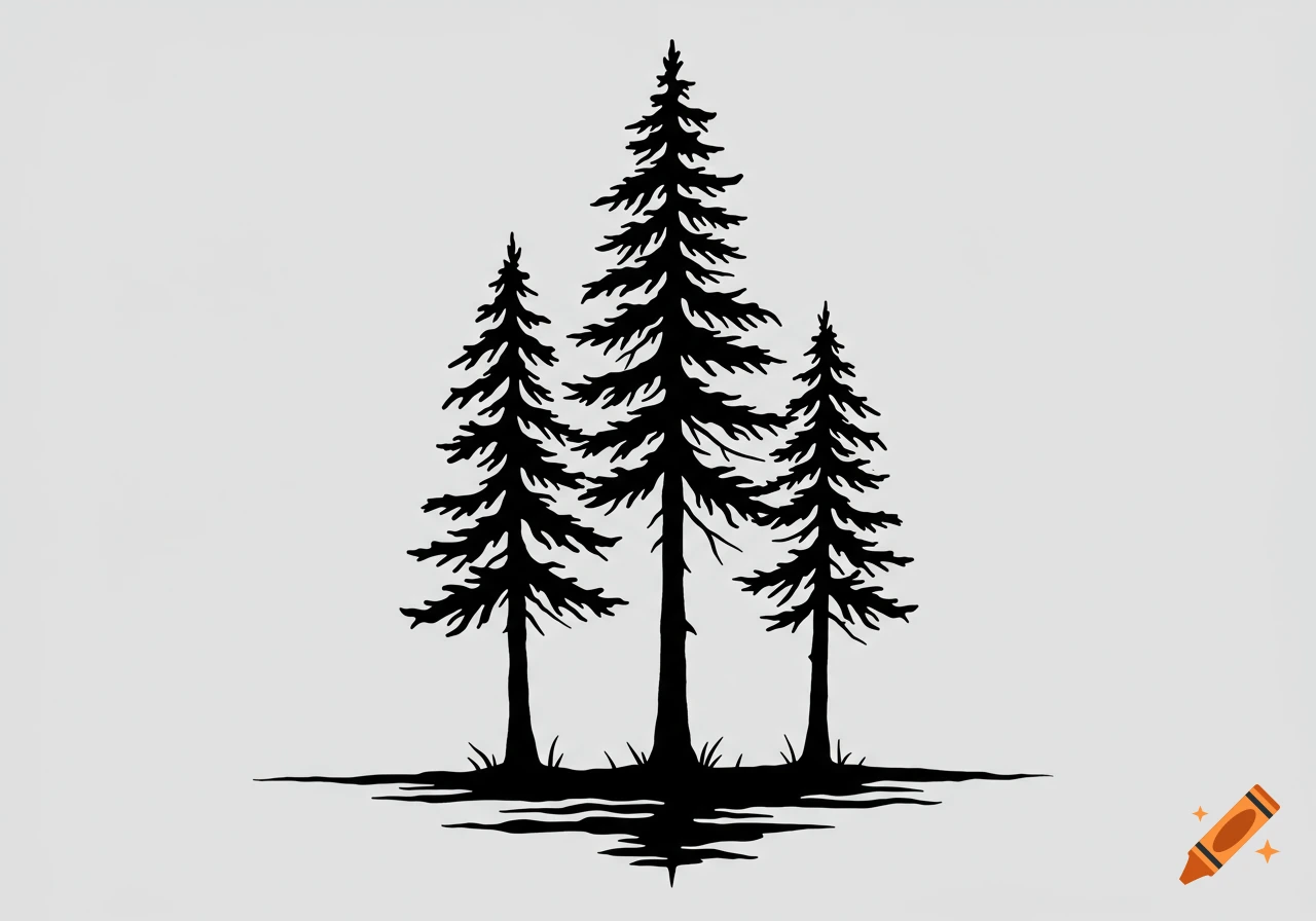 A black silhouette of three lodgepole pine trees with sparse ground foliage, in a tribal style against a light gray background.
