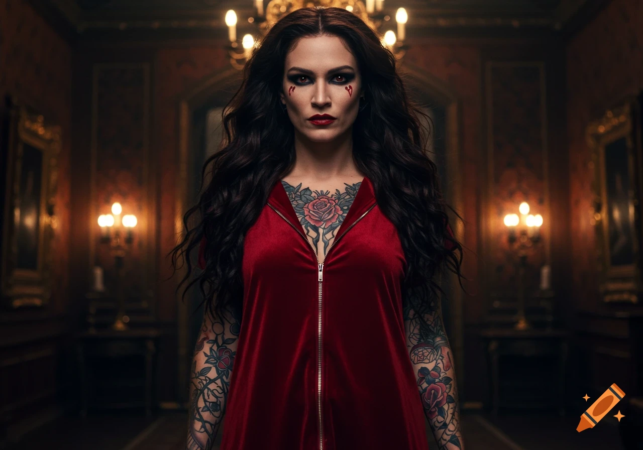 A stern-looking woman with long dark wavy hair, dark eye makeup, and red marks under her eyes, wearing a red velvet top, heavily tattooed with roses and thorns, stands in a dimly lit, ornate room.