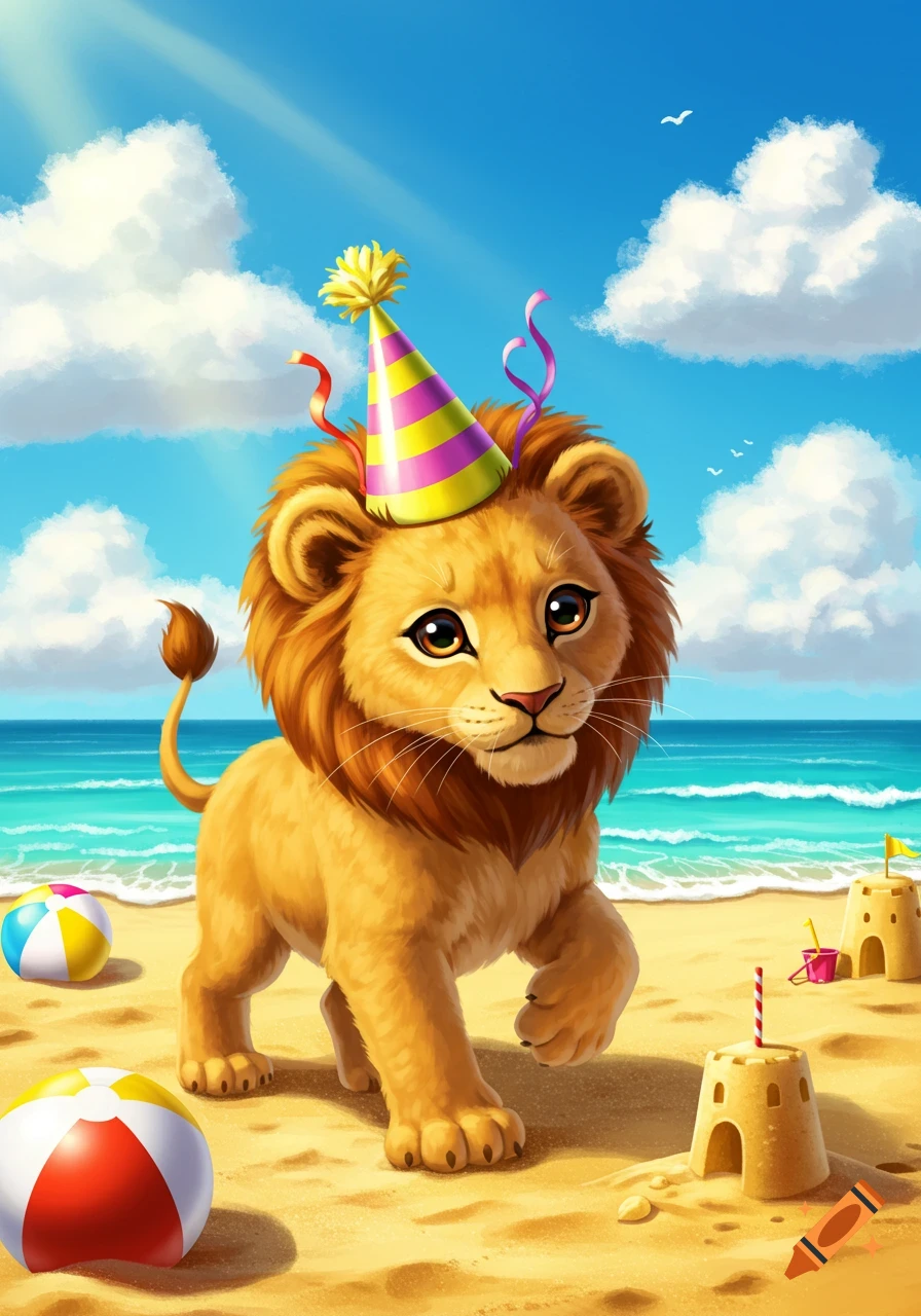 A cute cartoon lion wearing a party hat walks on a sandy beach with beach balls and sandcastles.