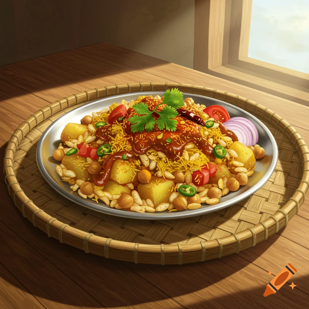 A colorful plate of Nepali chatpate, a mixed savory snack with potatoes, puffed rice, chickpeas, sauce, and vegetables, on a wooden table near a window, in an illustrative style.