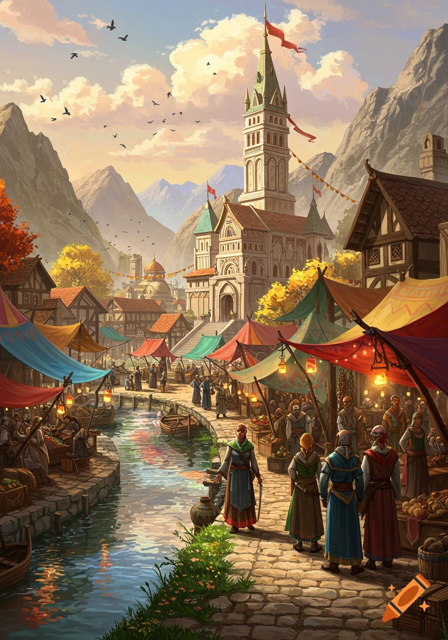 Vibrant fantasy market town by a river at the base of mountains, with a tall tower, buildings, and colorful tents.