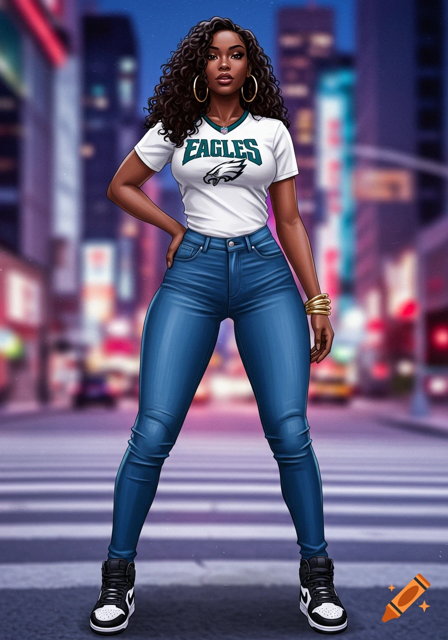 Cartoonish illustration of a woman in a white Eagles t-shirt, blue jeans, and black and white Jordan sneakers on a city street at night.