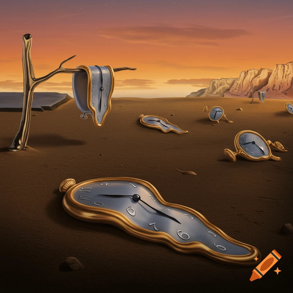 Surreal digital art of melting clocks in a desert landscape under an orange sky.