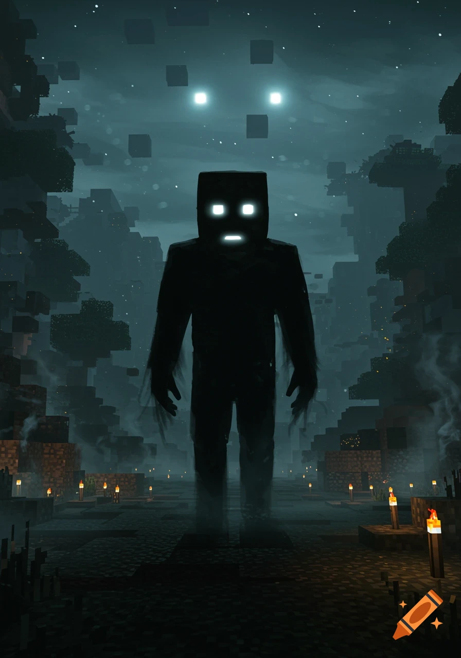 A towering, shadowy, blocky figure with glowing white eyes stands in a dark, foggy Minecraft-like world with torches and floating cubes.