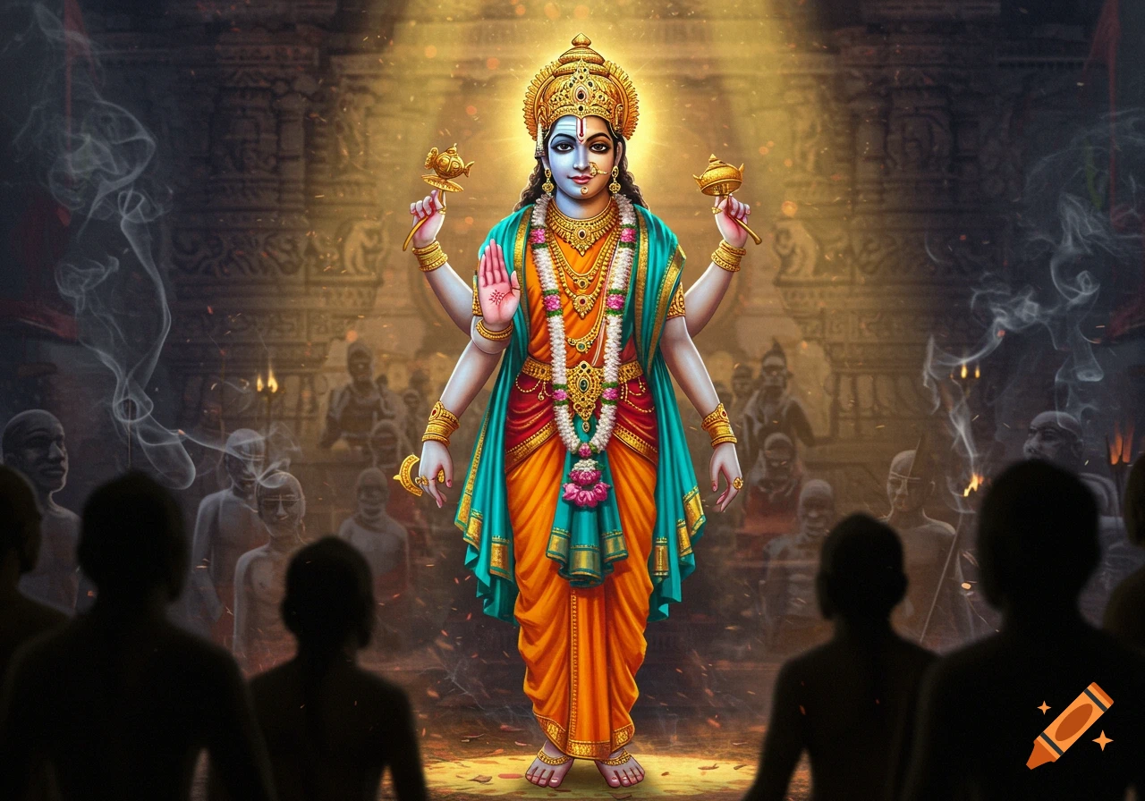 A multi-armed Hindu deity with blue and orange skin, ornate crown, and jewelry, stands illuminated before a shadowy crowd in a temple-like setting, radiating light.