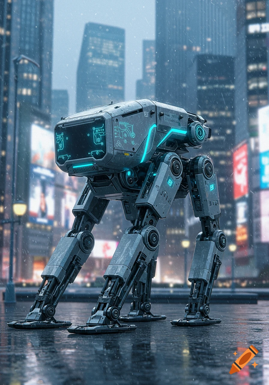 A futuristic four-legged robot stands in a rainy city street with glowing blue lights and digital displays, tall buildings in the background.