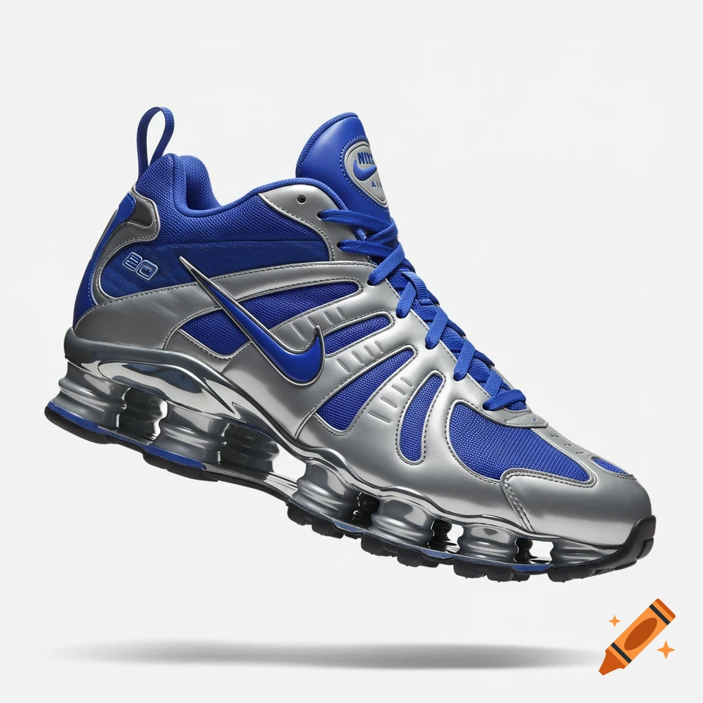A blue and silver Nike Shox sneaker with metallic silver accents and blue mesh, floating against a white background.