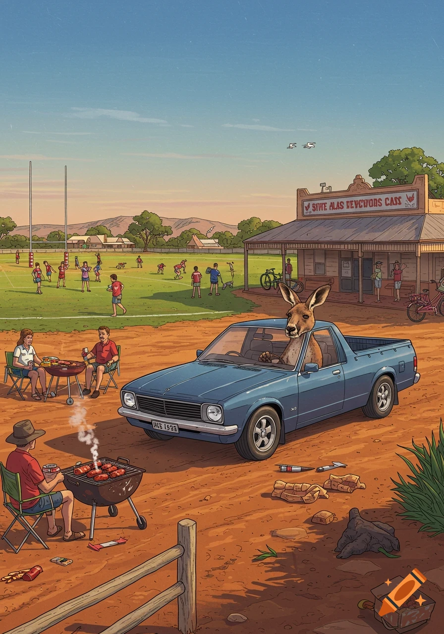 A stylized illustration of a kangaroo driving a blue ute in a rural town, with people playing rugby on a field and families having a barbecue nearby.