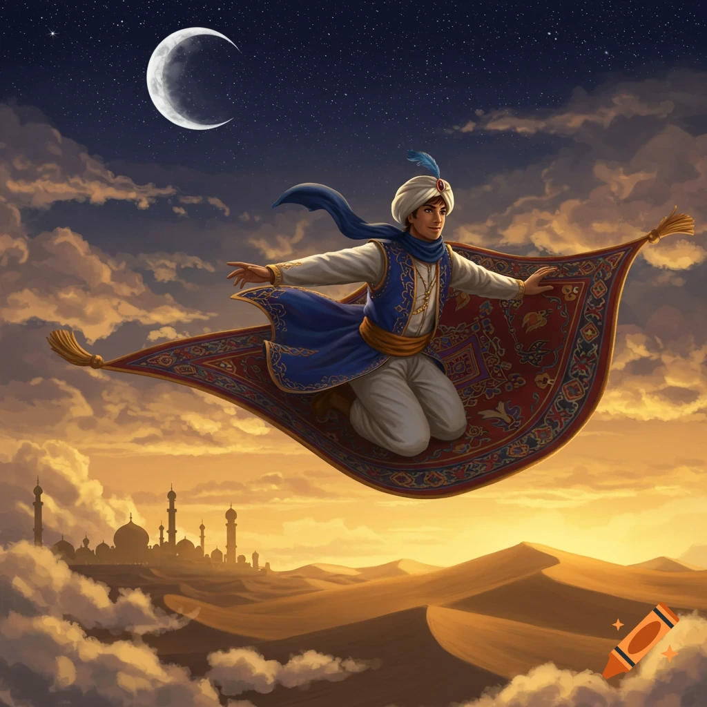 A man in Arabian clothes flies on a magic carpet over a desert city at sunset under a crescent moon, digital painting.