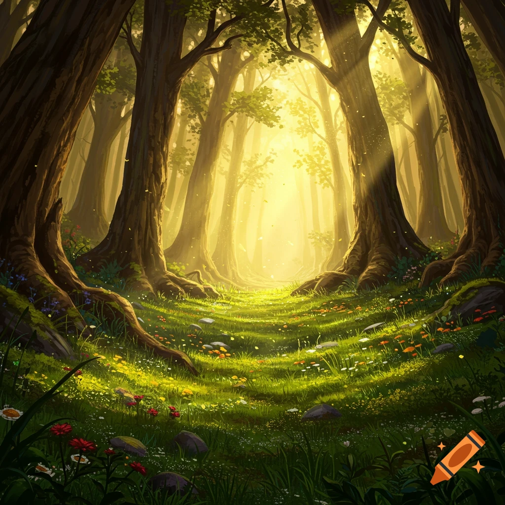 Sunlight streams through tall trees onto a path winding through a vibrant, flower-filled forest.