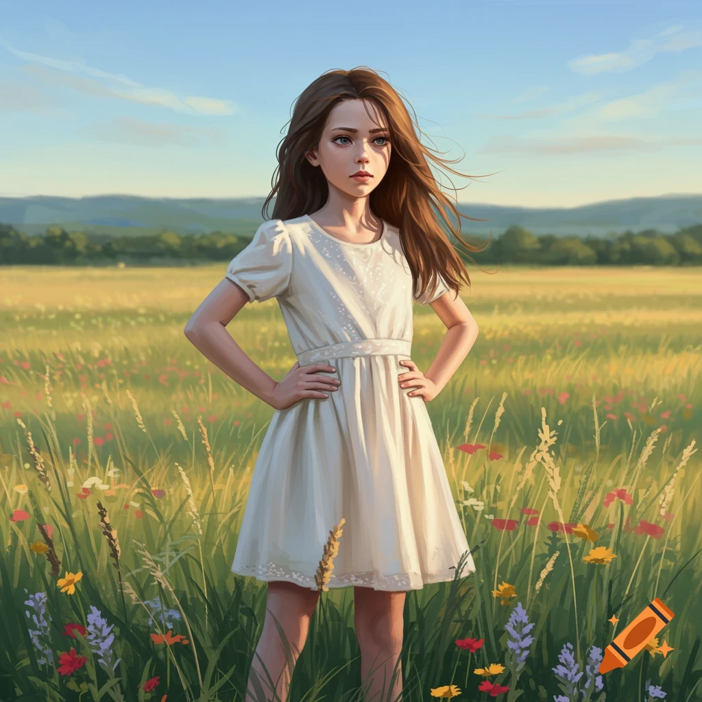 A digital art portrait of a young girl with brown hair in a white dress standing in a sunny field of wildflowers.