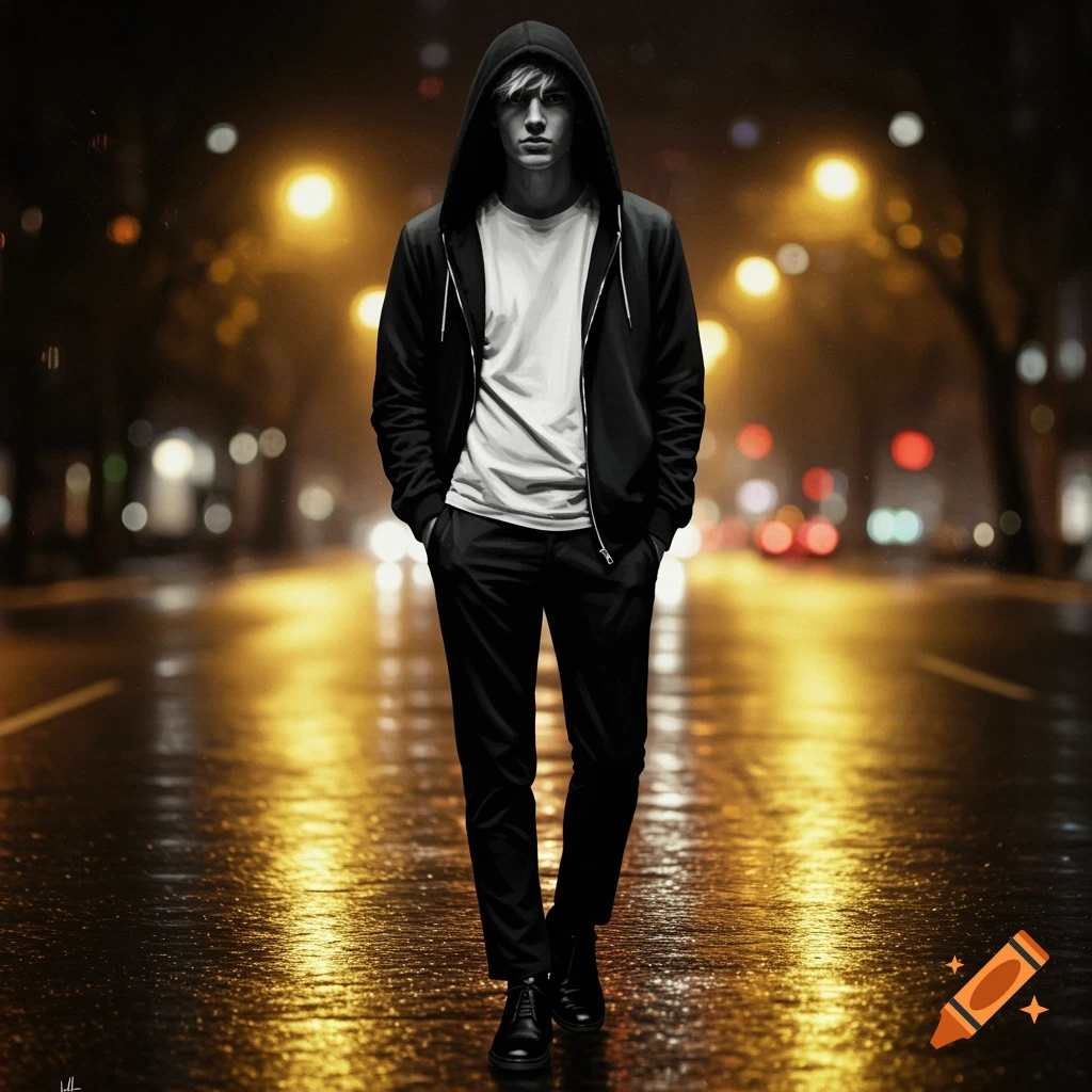 A young man in a black hoodie walks on a wet city street at night, illuminated by blurred streetlights.