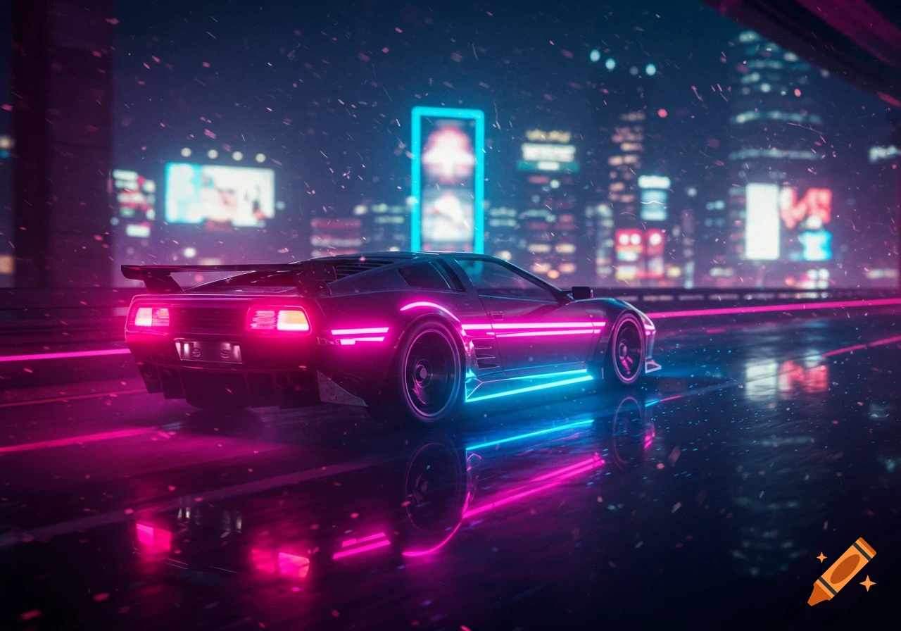 A sleek car with neon pink and blue lights drives on a wet road at night in a futuristic city, in a synthwave style.