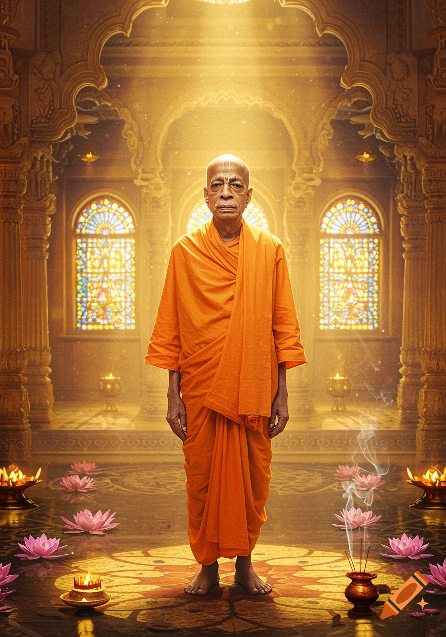 An elderly man in orange robes stands in a golden, ornate temple with stained glass windows, lotus flowers, and glowing lamps.