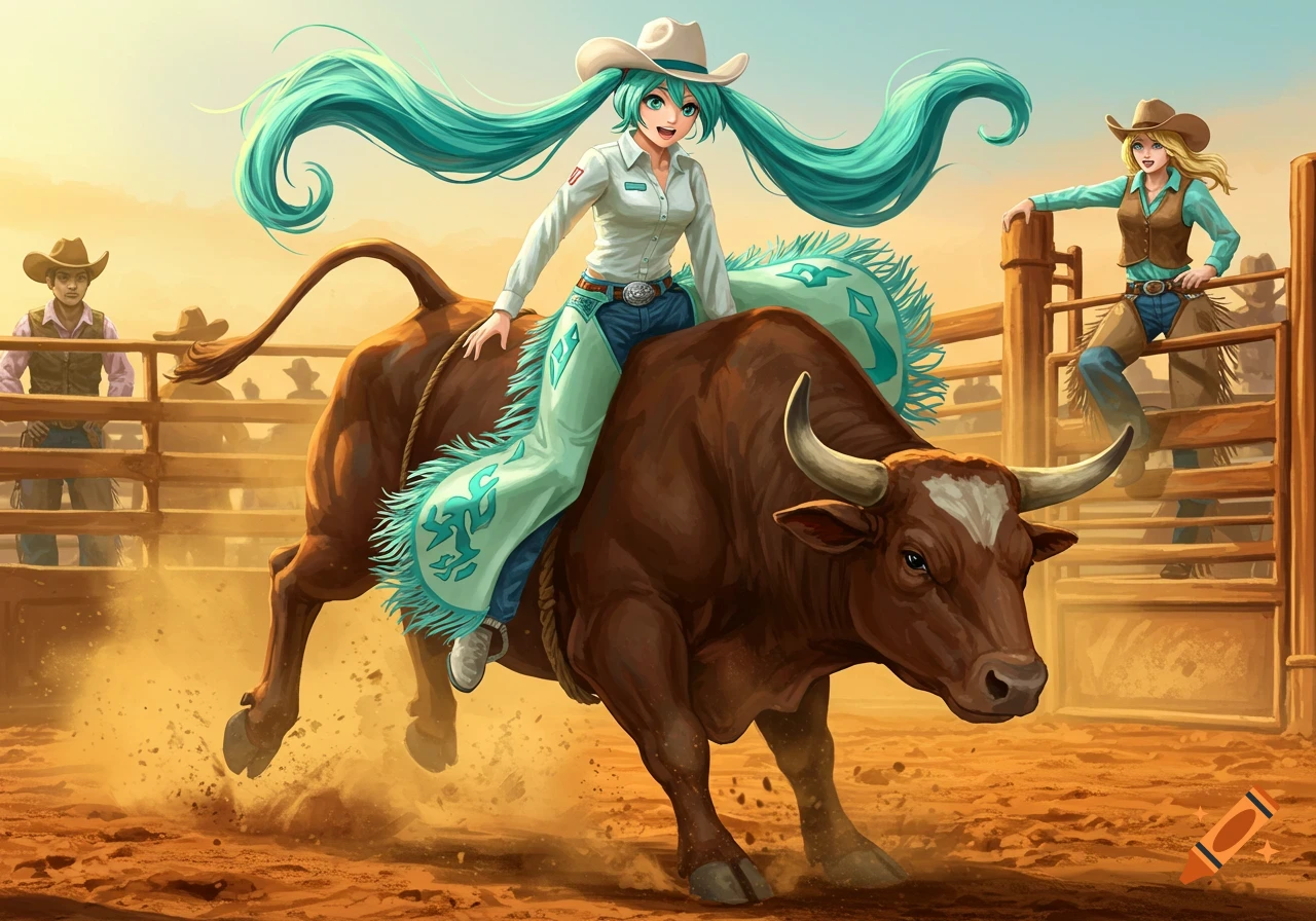 Anime-style Hatsune Miku in a cowgirl outfit riding a bull in a rodeo, with another cowgirl watching from the fence.