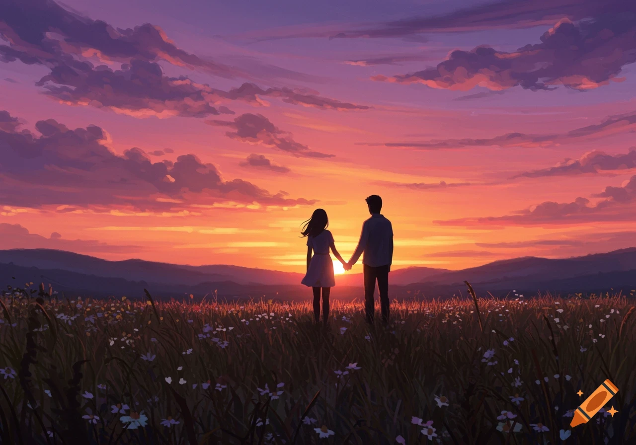 A silhouetted couple holding hands in a field of wildflowers at sunset, under a vibrant orange and purple sky.
