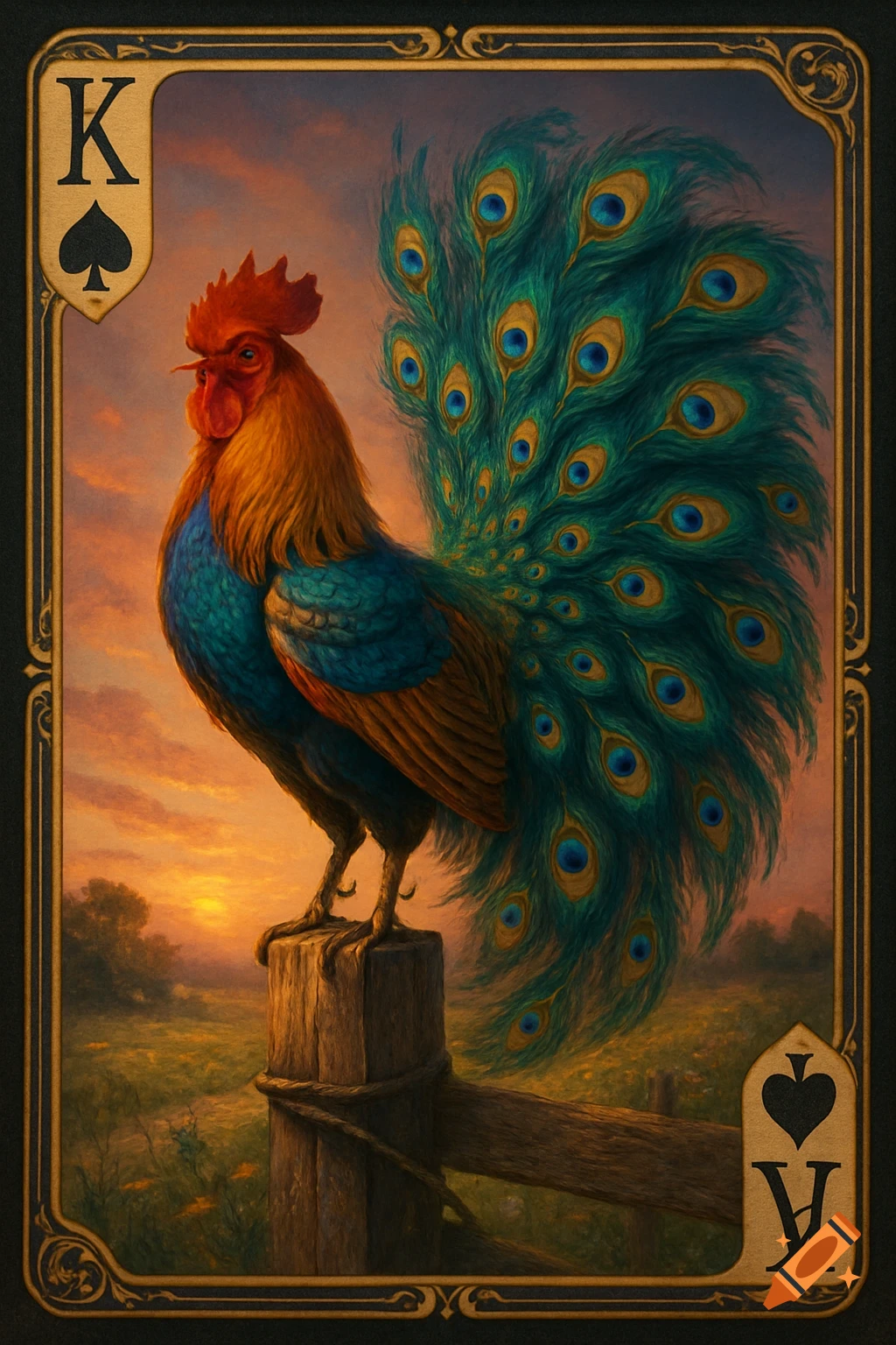A vibrant rooster with a peacock tail stands on a fence post in a field at sunset, depicted on a King of Spades playing card with an artistic style.