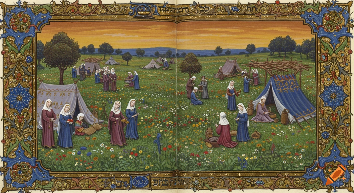 An illuminated manuscript style image of people in medieval attire tending to tents in a vibrant field, depicting a sukkah scene.