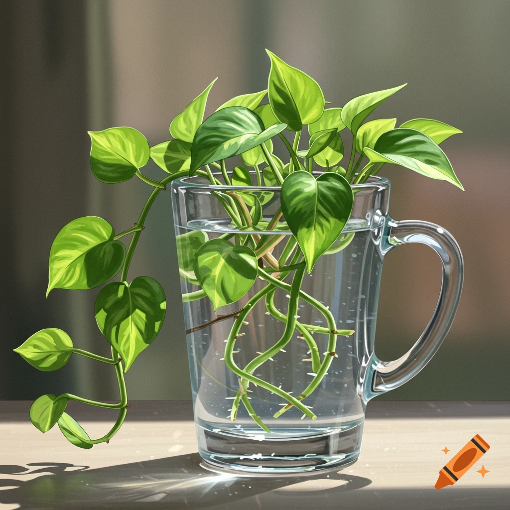 A Pothos plant with green and yellow leaves growing in a clear glass mug of water, casting shadows on a sunlit surface.
