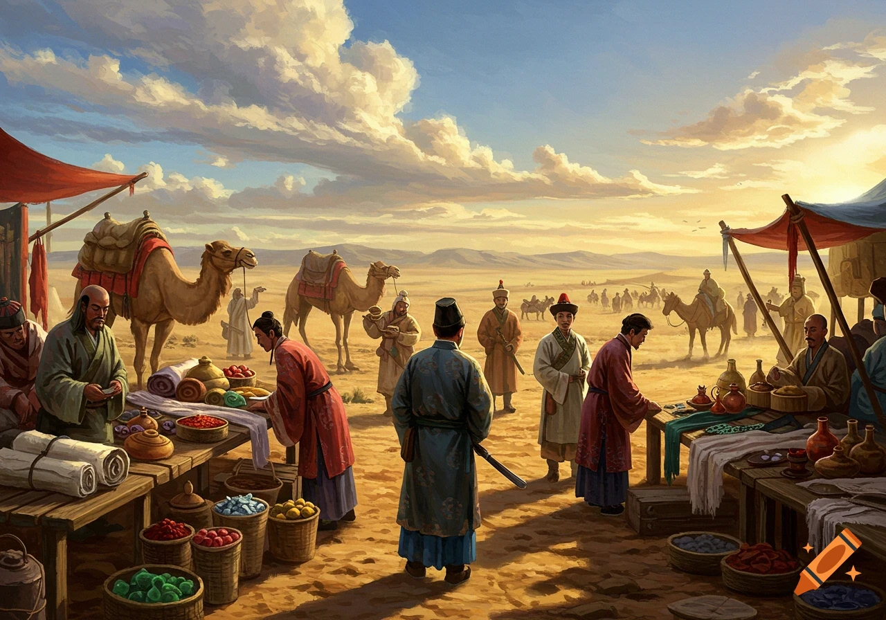 A vibrant painting of a bustling Silk Road desert market with merchants, goods, and camels under a dramatic sky.