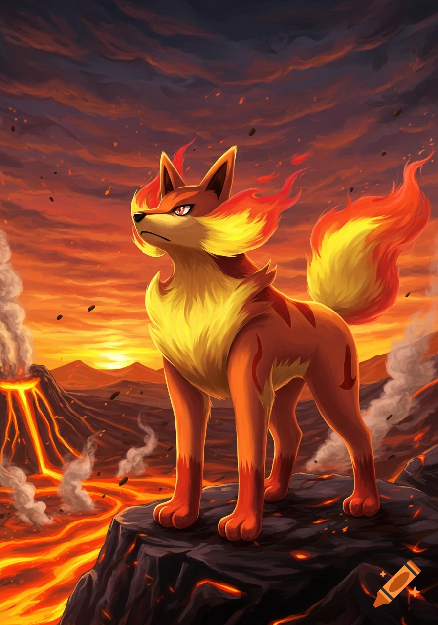 A fire-type dog Pokémon on a volcanic landscape with erupting lava and an orange sky.