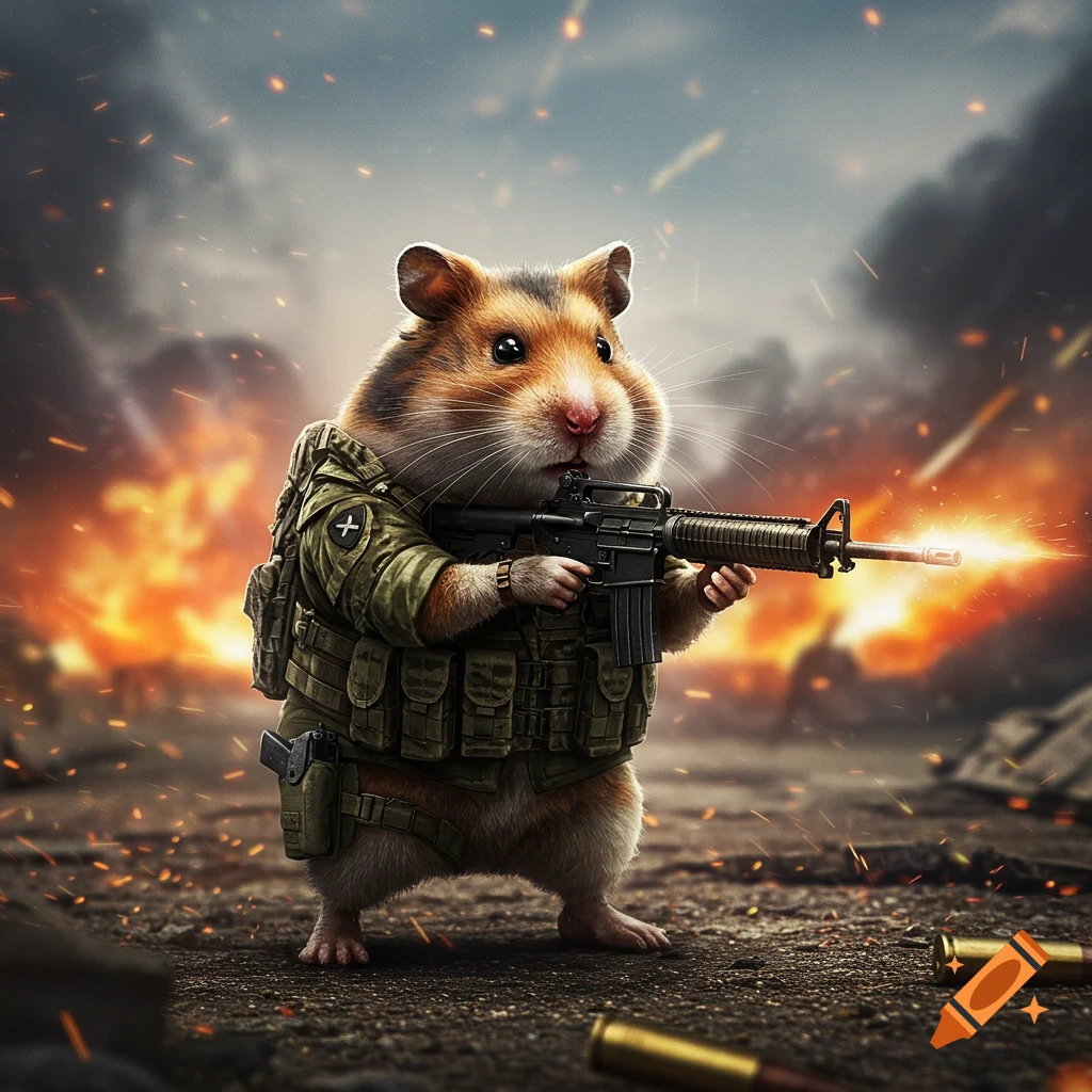 Photorealistic hamster soldier in military fatigues holding a rifle, standing on a battlefield with explosions and smoke.