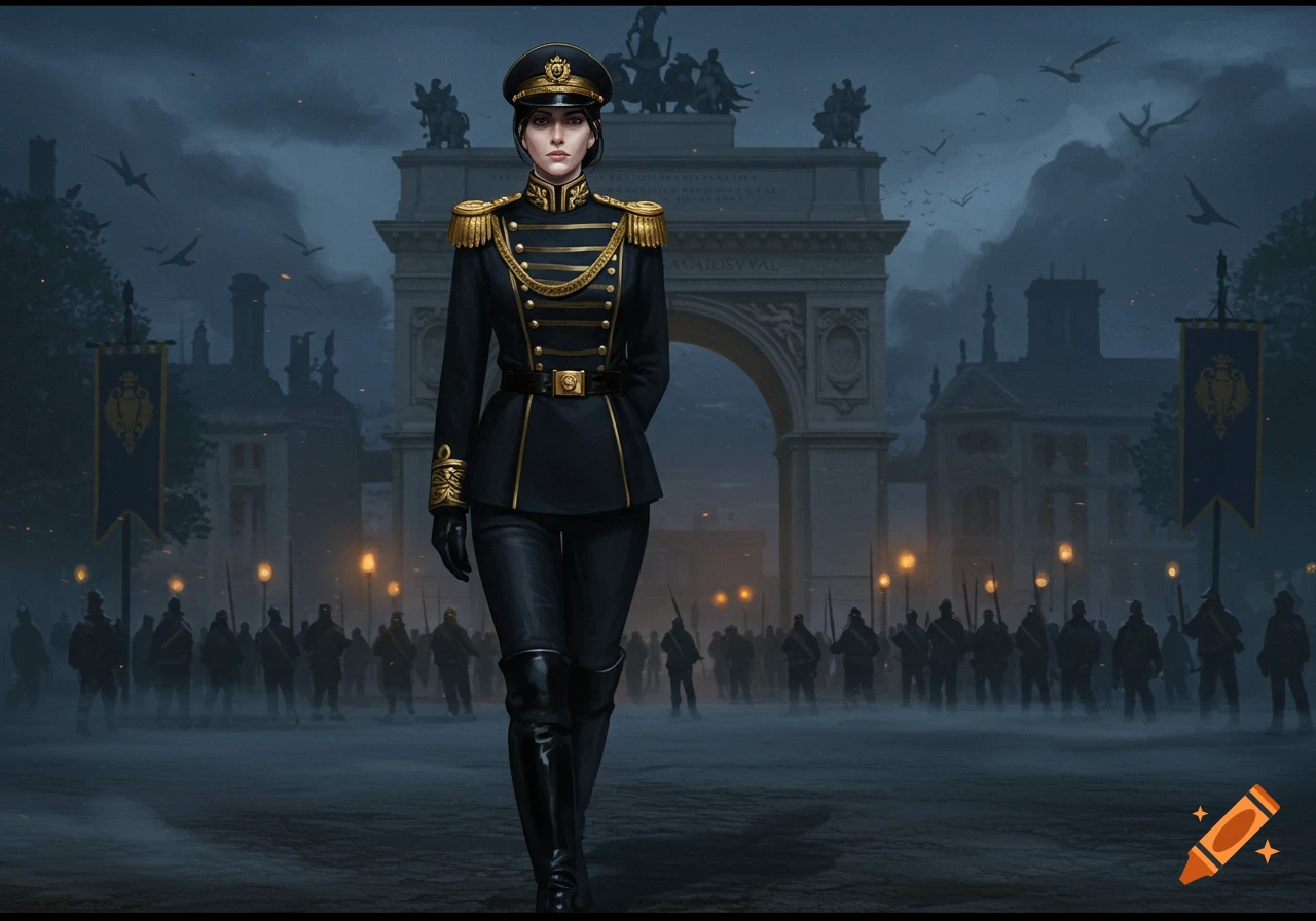 A woman in a black military uniform and cap stands in front of a grand archway at dusk, with soldiers and lights in the misty background.