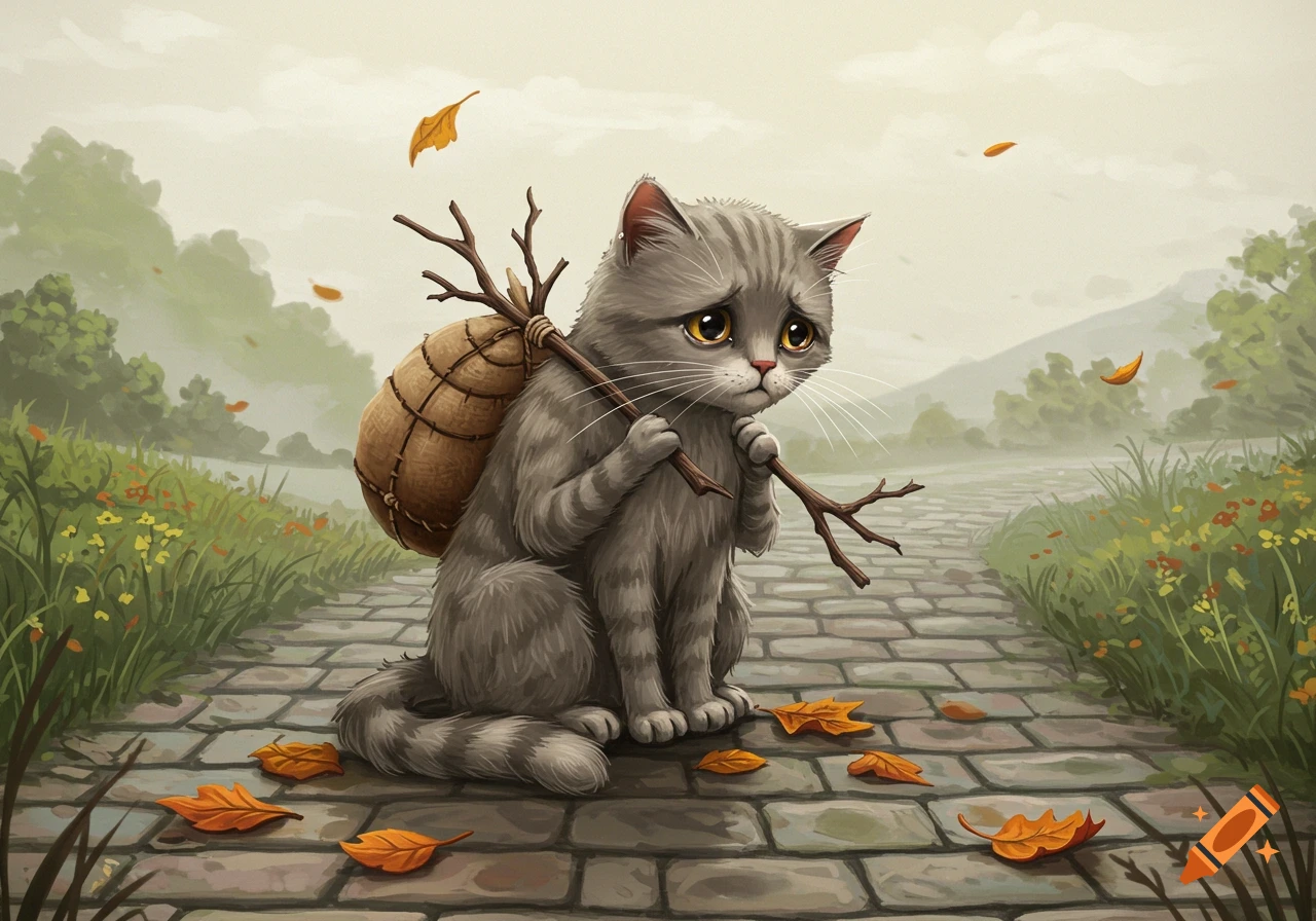A sad gray tabby cat with big eyes sits on a stone path, carrying a bundle on a stick over its shoulder, with autumn leaves scattered around in a misty landscape.