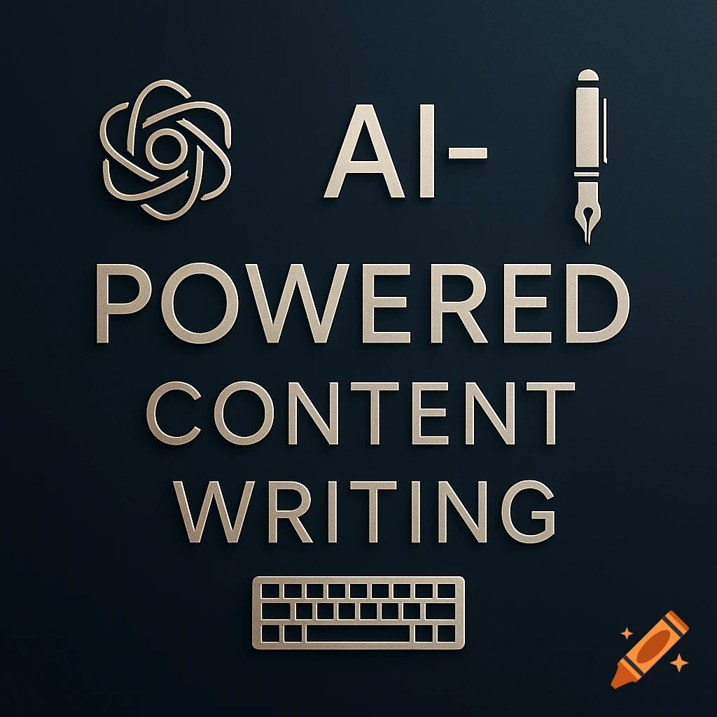 Graphic design with text 'AI-Powered Content Writing', an AI symbol, a pen, and a keyboard on a dark background.