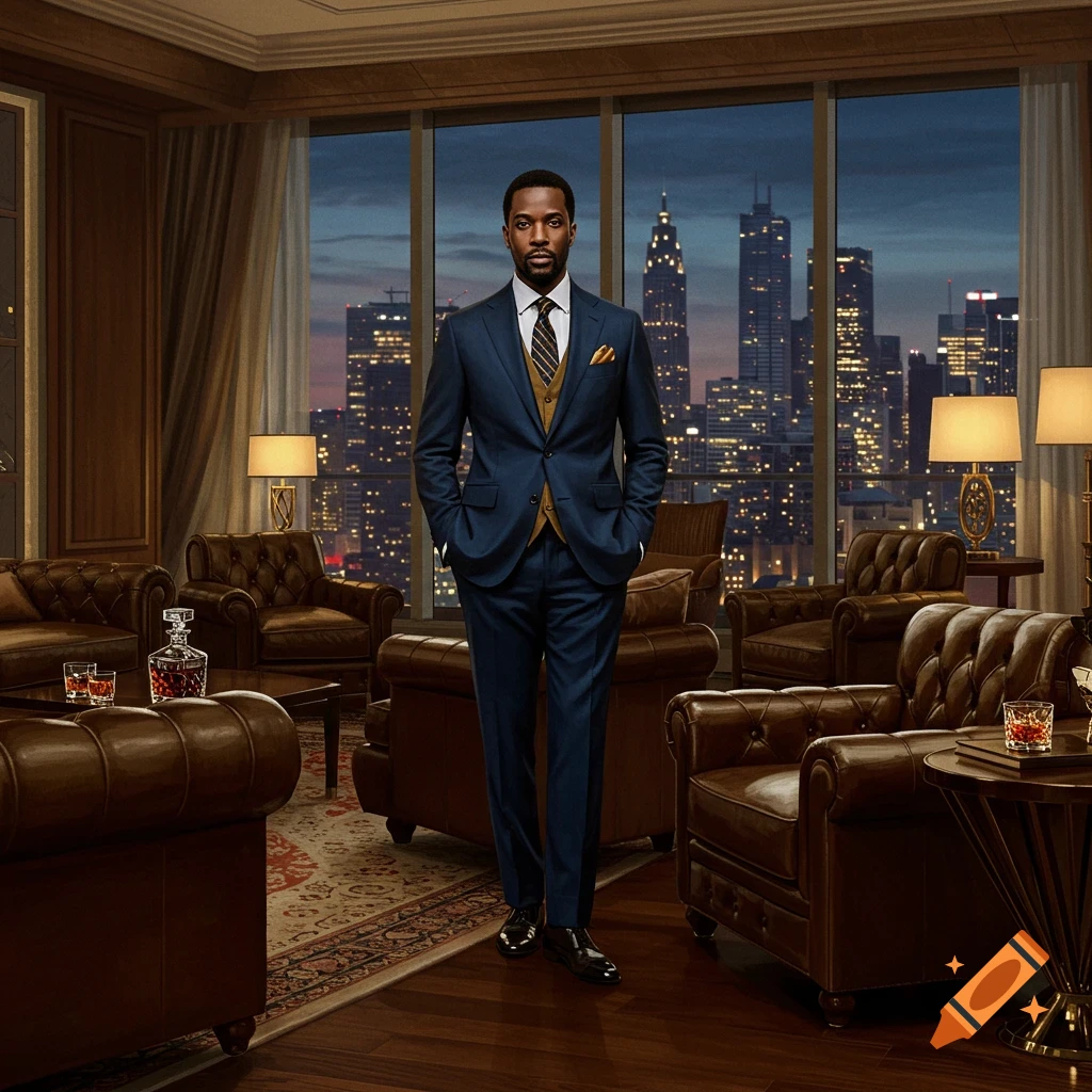 A man in a blue suit and vest stands in a luxurious room overlooking a city skyline at dusk, photorealistic style.