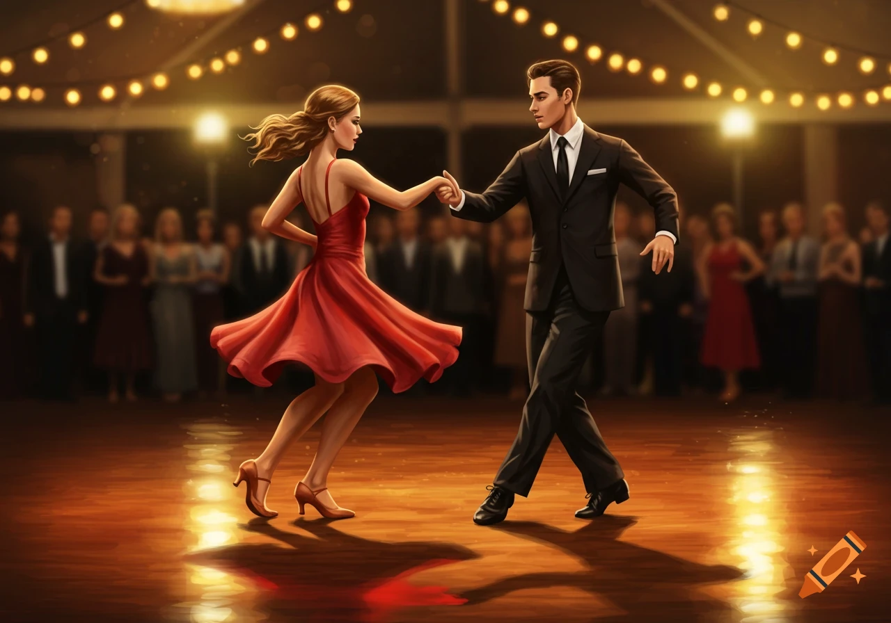 A couple in formal attire dances on a wooden floor in a ballroom lit by string lights.
