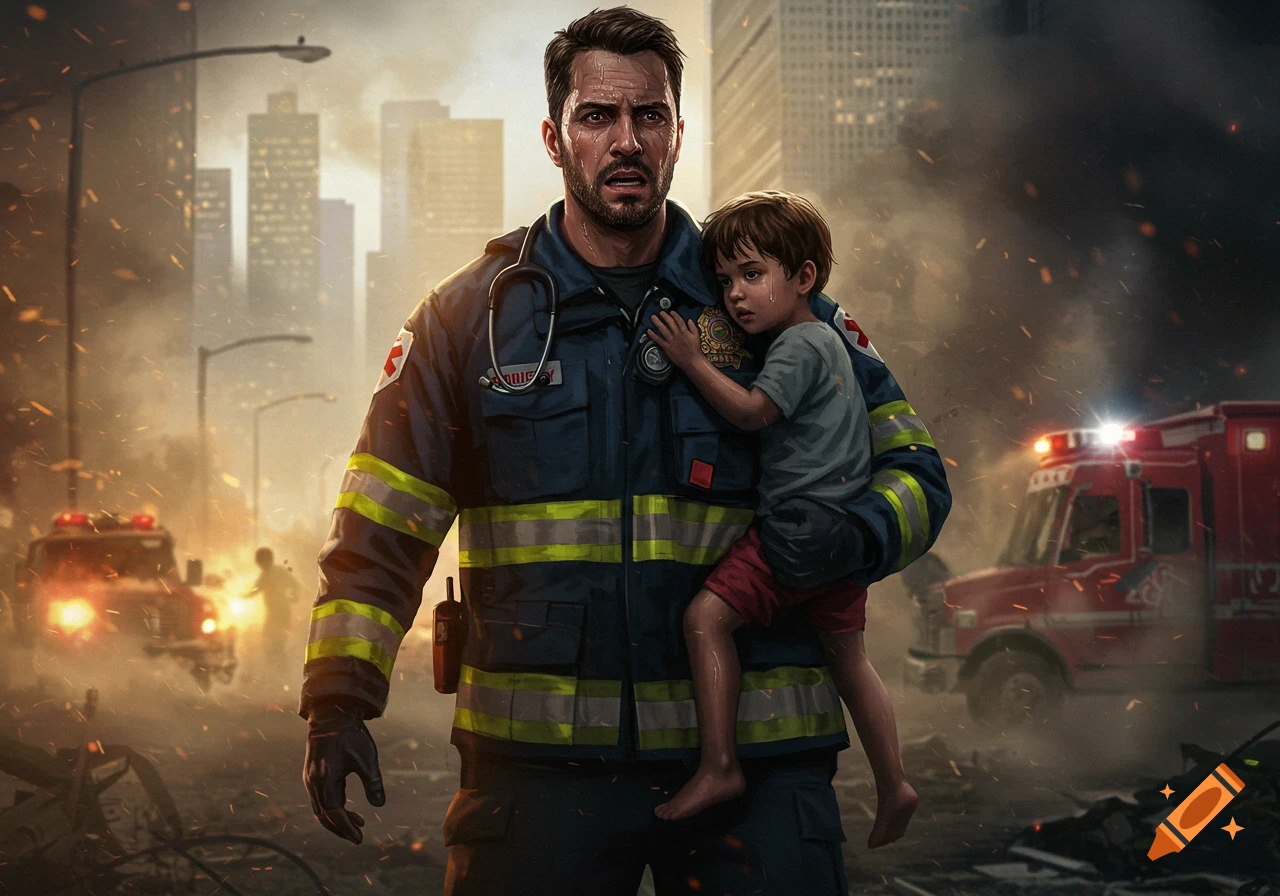 A stoic first responder, possibly a firefighter or paramedic, holds a tearful child in a smoky, post-disaster urban landscape with emergency vehicles in the background.