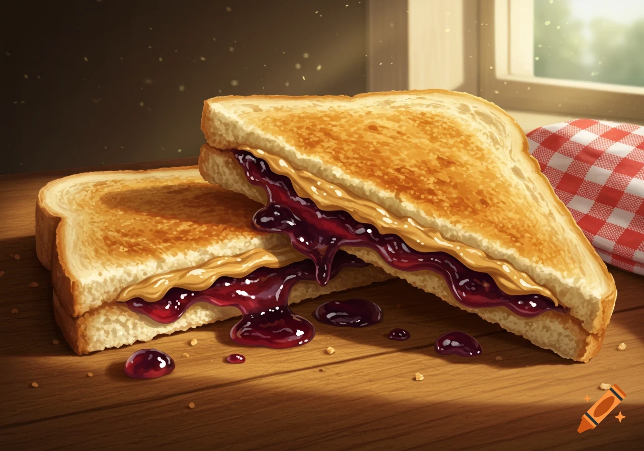 Peanut butter and jelly sandwich halves with oozing filling on a wooden table, bathed in sunlight from a window, in a realistic illustration.