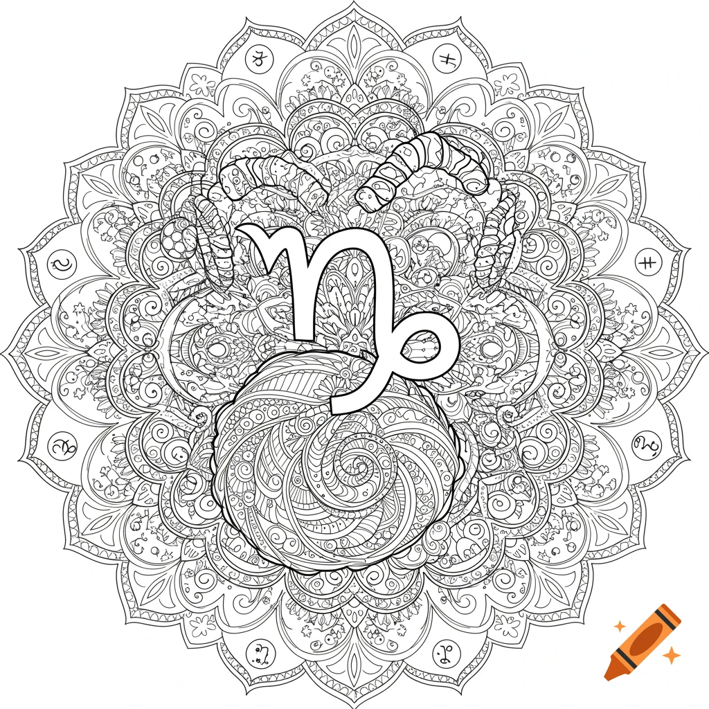Black and white line art mandala featuring the Capricorn zodiac symbol in the center, suitable for coloring.