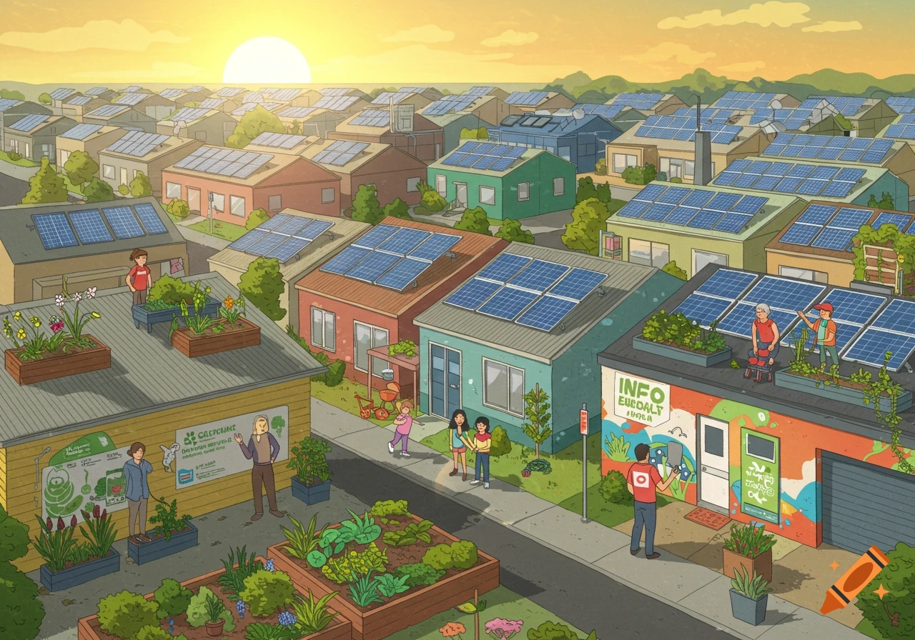 An cartoon illustration of a vibrant community with houses featuring rooftop solar panels and gardens. People are tending to plants and interacting in the sunny neighborhood.