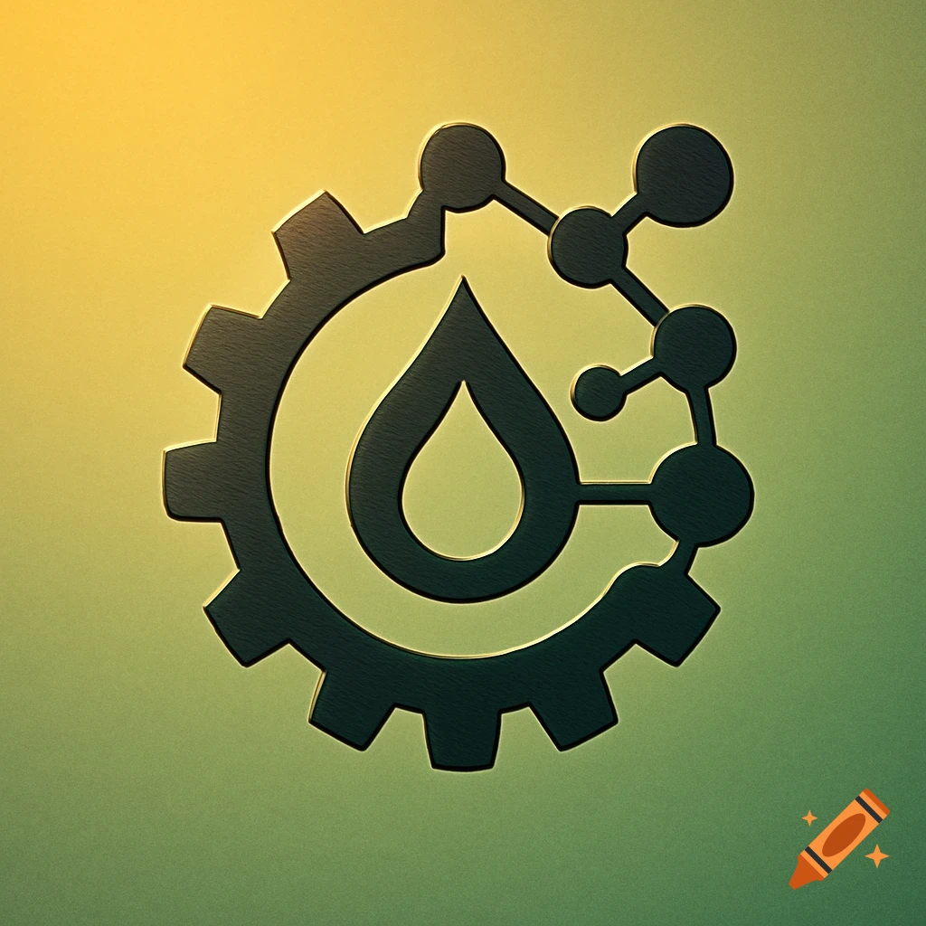 A stylized logo featuring a gear, a liquid drop, and a molecular structure against a yellow and green gradient background.