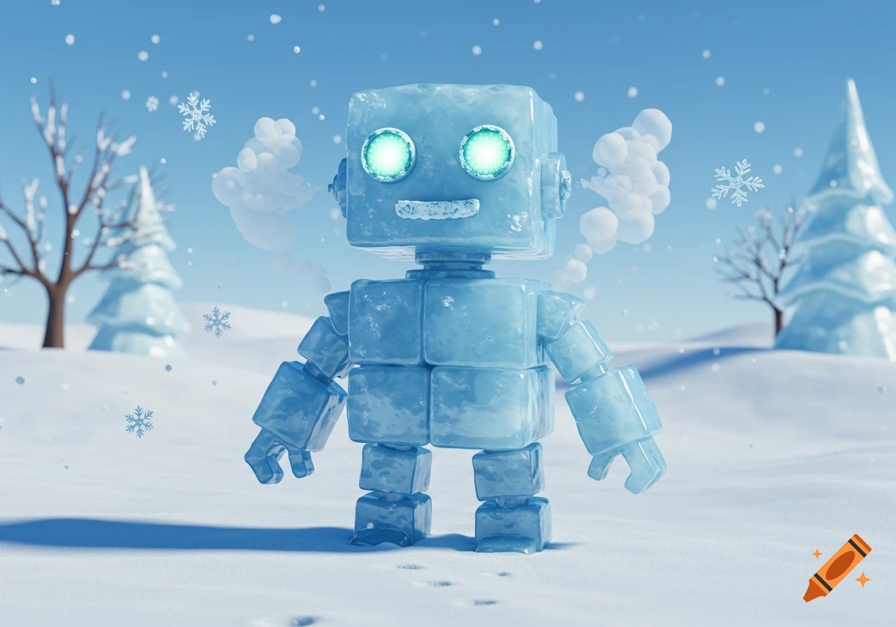 A cartoon ice cube robot stands in a snowy landscape with ice trees and falling snowflakes.