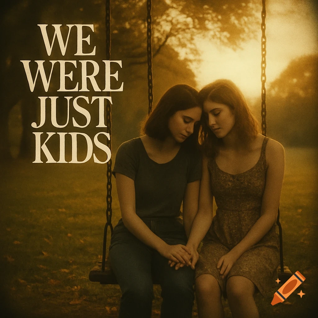 Two young women sit on a swing, holding hands, with the text 'WE WERE JUST KIDS' on the left.