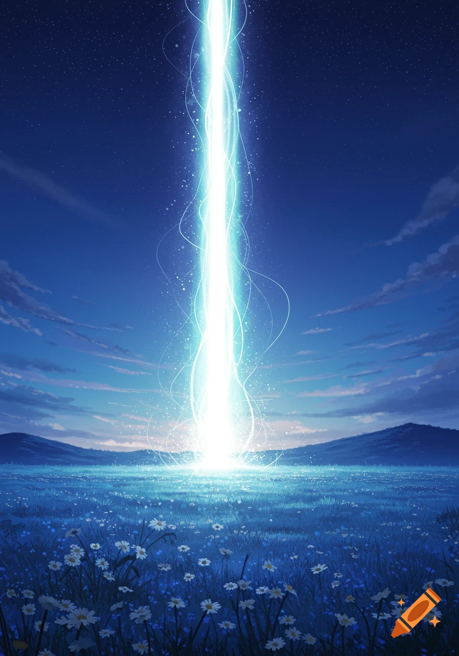 A bright, vertical beam of light descends from a star-filled night sky into a field of daisies and blue flowers, with distant hills under a twilight glow.