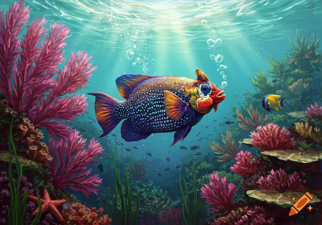 Vibrant illustration of a colorful, spotted fish swimming among pink and green coral in a sunlit ocean.