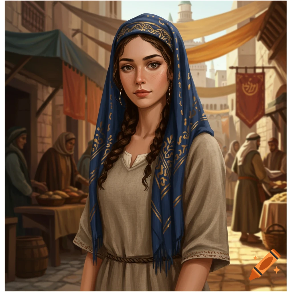 A young woman in traditional attire with a blue headscarf stands in a bustling historical market street.