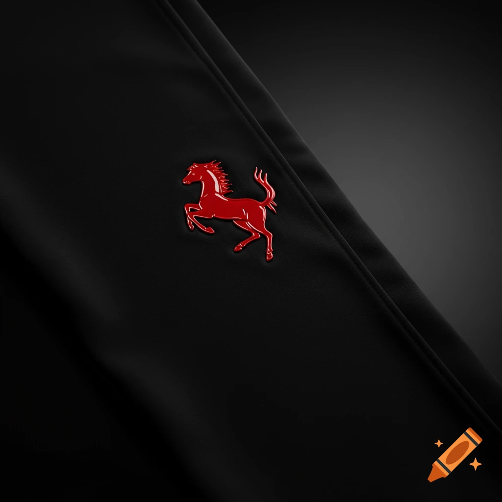 Red Ferrari prancing horse logo on black fabric.