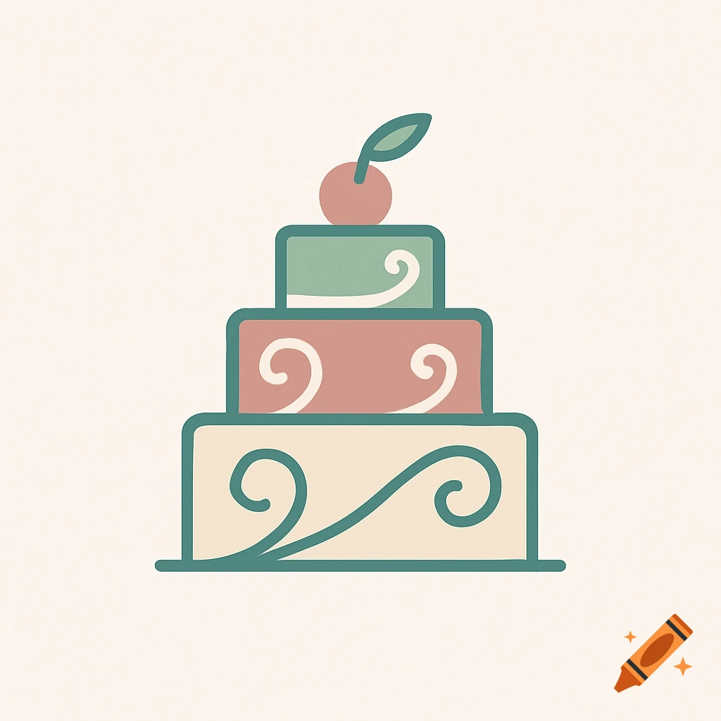 Abstract three-tiered cake logo with a cherry on top, in muted green, pink, and cream with teal outlines.